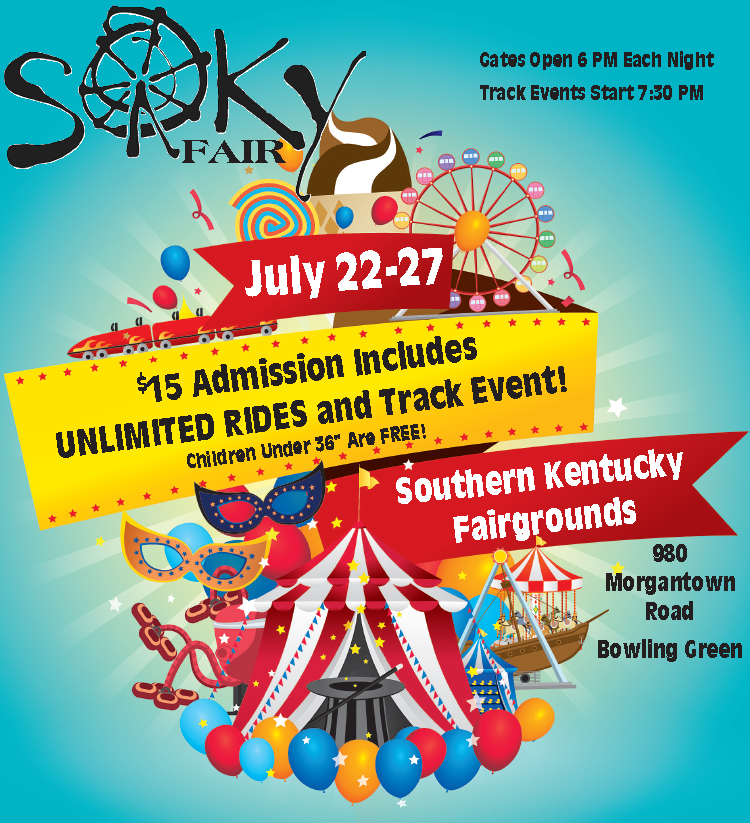 Enjoy all the fun at the SOKY Fair July 22-27. $15 admission includes unlimited rides and track events.