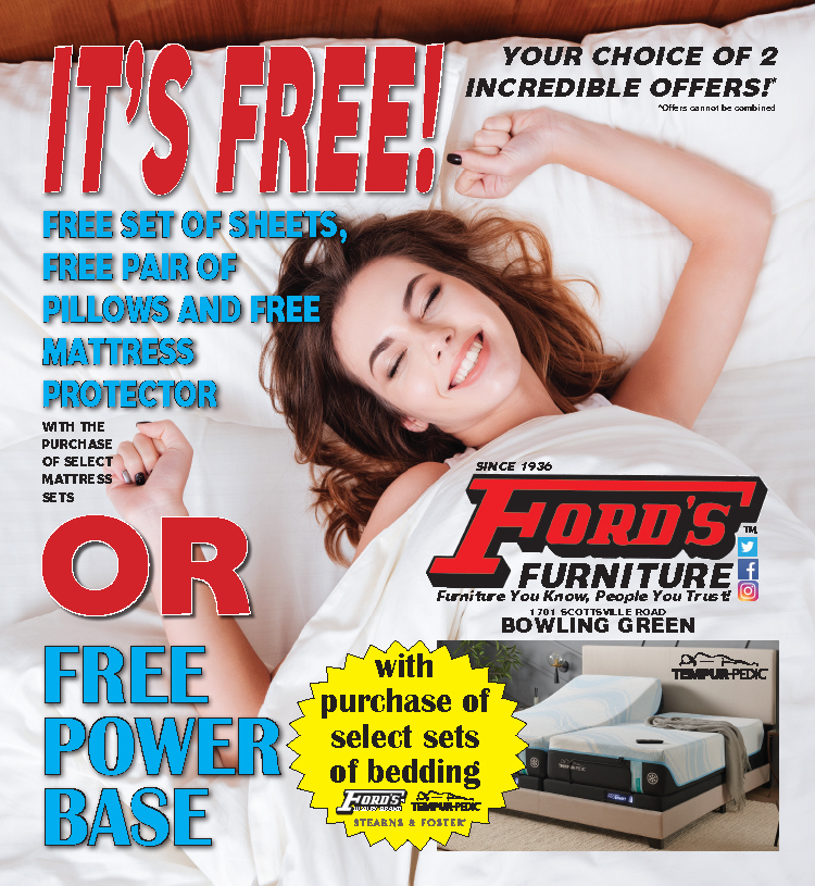 Free sheets, pillows and mattress protector or Free Power Base with select mattress sets from Ford's Furniture