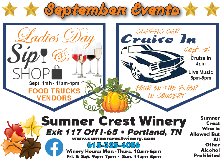 Don't miss Ladies Day and Sip and Shop or Classic Car Cruise In at Sumner Crest Winery