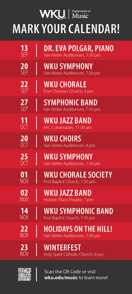 Mark your calendar for all the WKU Department of Music great performances.