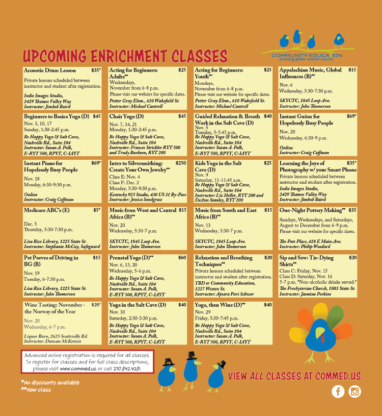 Upcoming enrichment classes from Bowling Green Community Education.