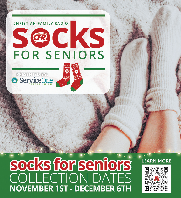 Christian Family Radio collecting socks for seniors 11-1 through 12-6.