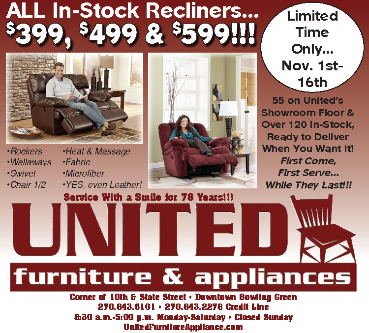 Recliners starting at $399 at United Furniture and Appliances.