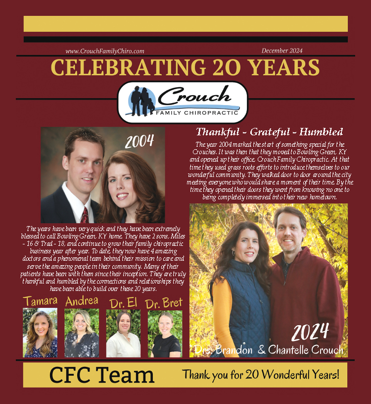 Crouch Family Chiropractic celebrating 20 years of health care service to the area.