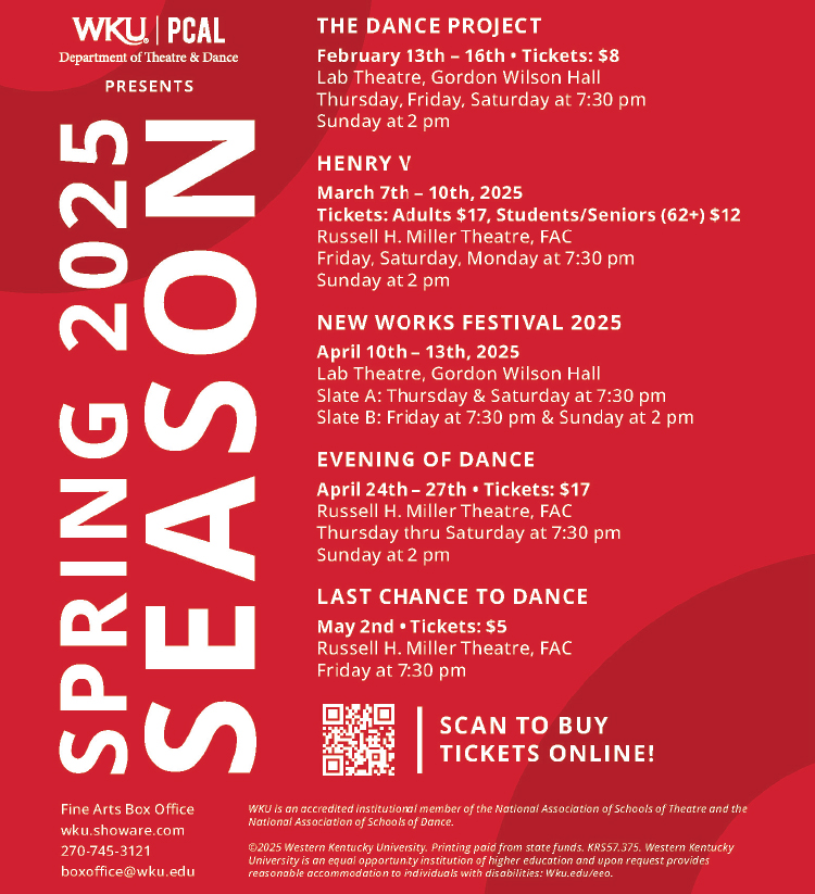 See all the great performances planned for the spring 2025 season by the WKU Department of Theatre and Dance.