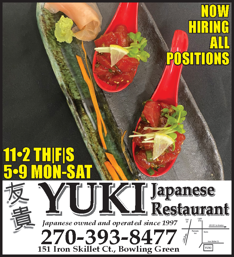 Yuki Japanese Restaurant now hiring all positions.