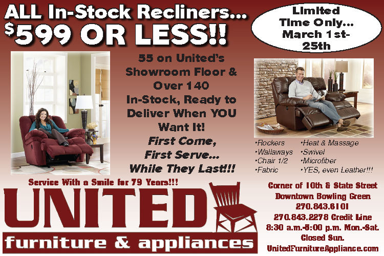 United Furniture... all in-stock recliners... $599 or less. 